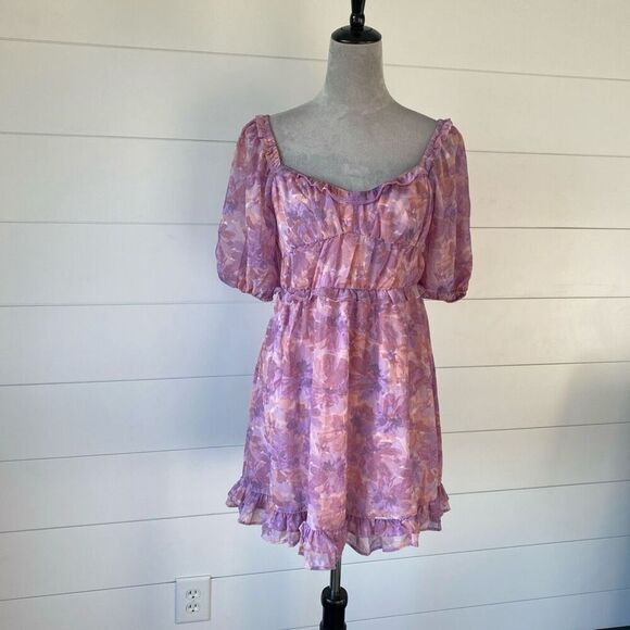 Jessica Simpson Pink & Purple Floral Puff Sleeve Ruffle Dress Size Small - Picture 1 of 7